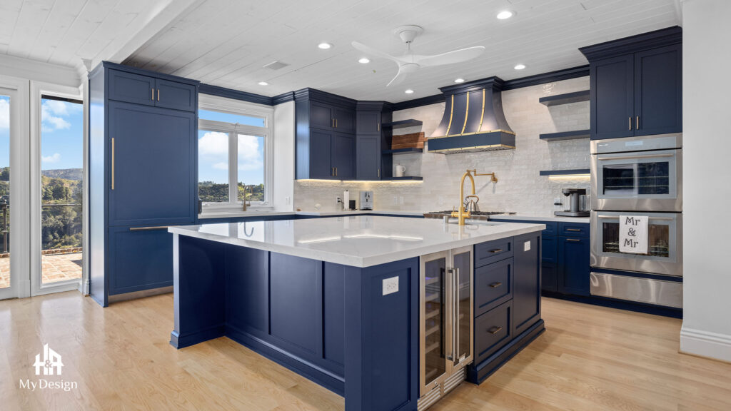 Navy kitchen cabinetry and island in the Hollywood Hills kitchen remodeling project