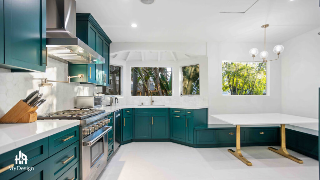 Teal kitchen cabinetry in the NoHo kitchen remodel