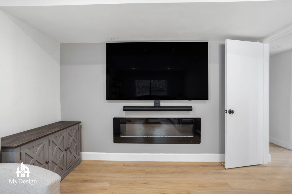 Living room with media wall in the Torrance remodel