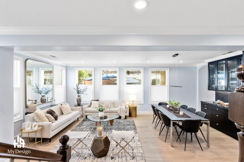 Open living and dining room in the Irvine remodeling project