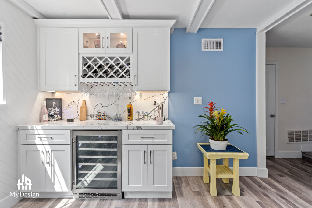 Wet bar with wine fridge in the Canoga Park remodeling project