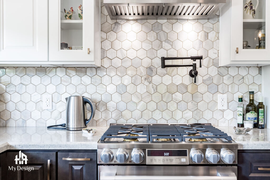 Hexagon tile backsplash and gas range in the Granada Hills kitchen project