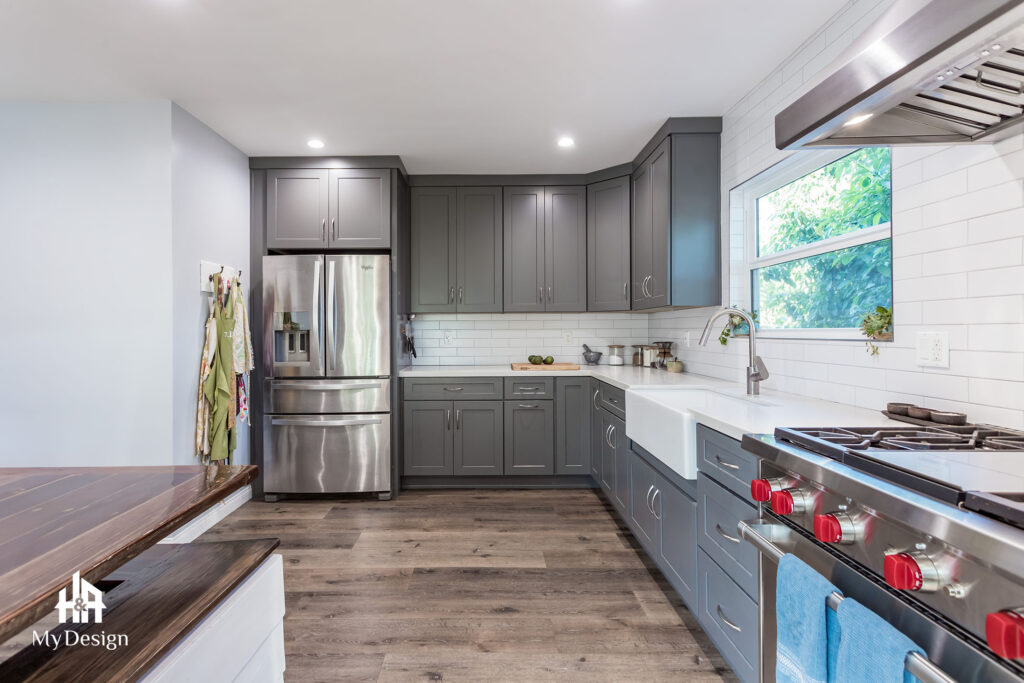 Grey kitchen cabinetry and range in the Monterey Park kitchen project