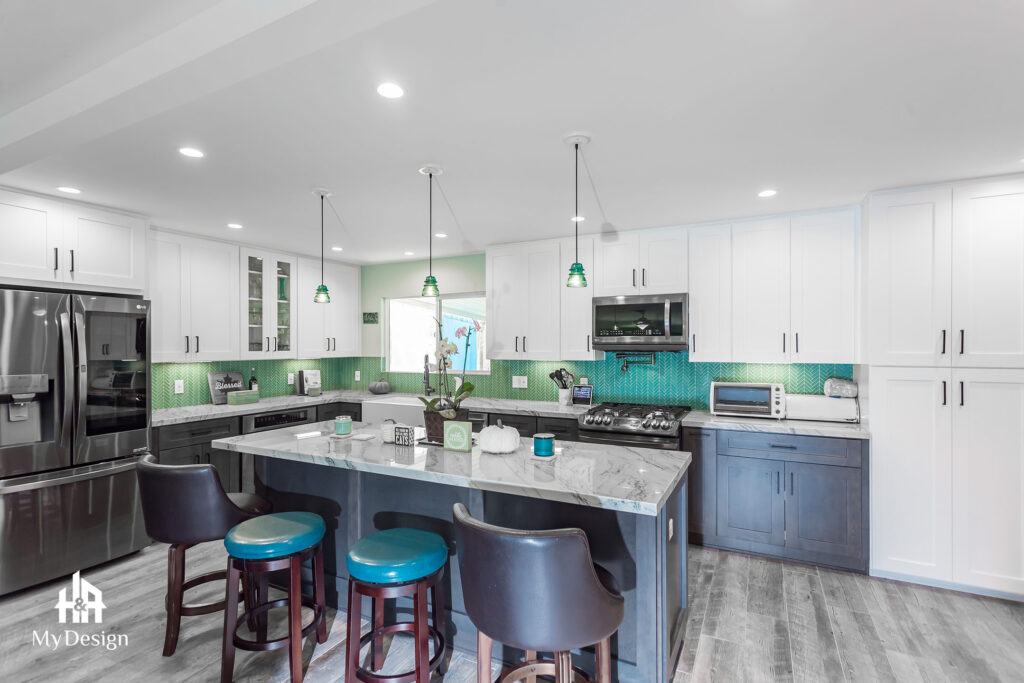 Open kitchen with island seating in an Orange kitchen remodel