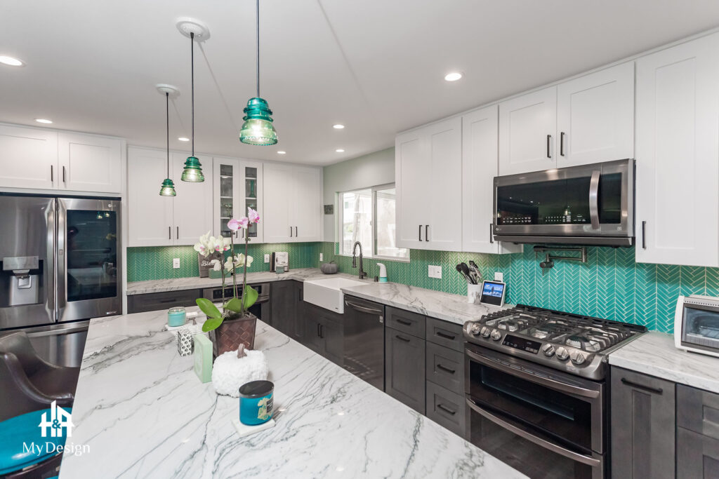 Kitchen with green accents in the Orange kitchen remodel