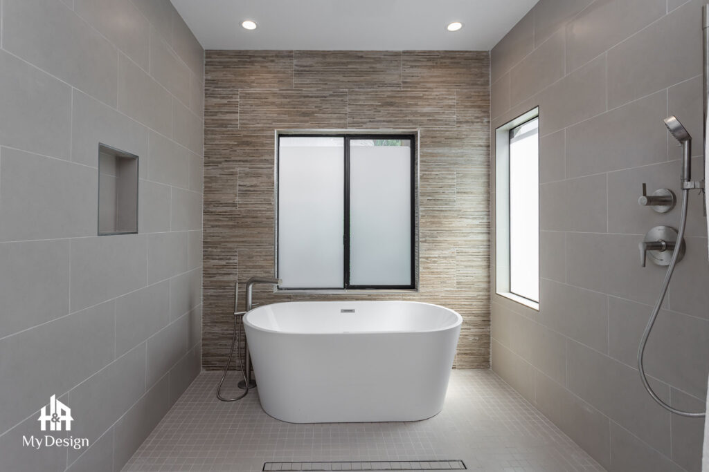 Freestanding tub and walk-in shower in the Pasadena remodel, by a licensed general contractor