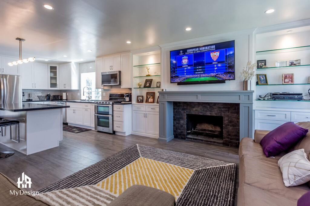 Living room with fireplace in the West Covina remodel