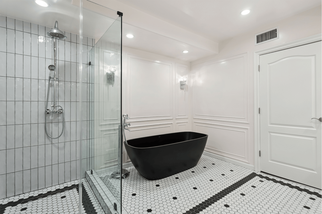 Freestanding tub and walk-in shower in a Beverly Hills master bathroom remodel