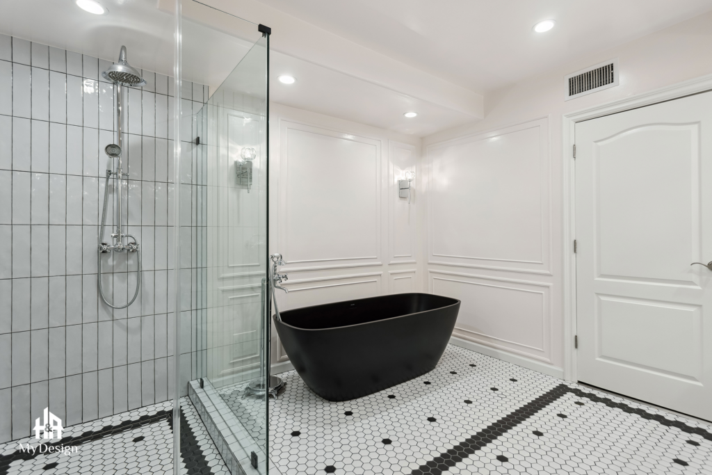 Freestanding tub and glass shower in the Beverly Hills master bathroom remodel