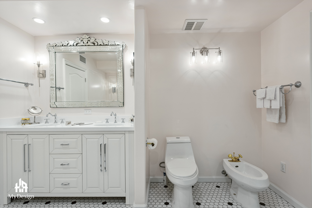 Vanity and mirror in the Beverly Hills master bathroom remodel