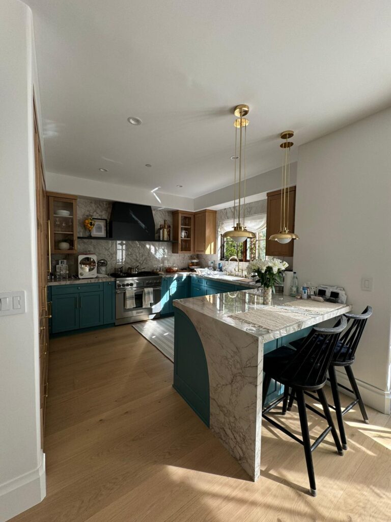 Kitchen peninsula with stone counter in the Santa Monica kitchen project