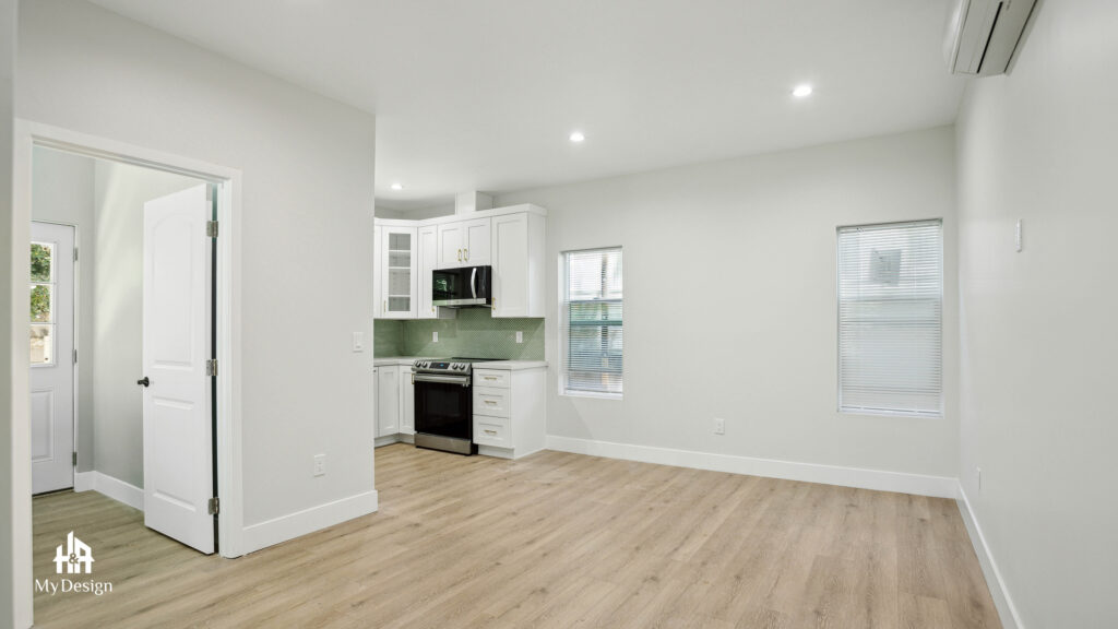 Open-plan living area looking through to the kitchen inside the Sherman Oaks ADU