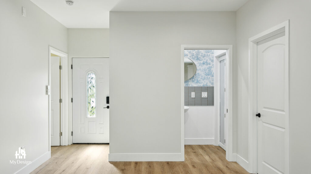 Entry hall of the Sherman Oaks ADU with the bathroom doorway off the hallway