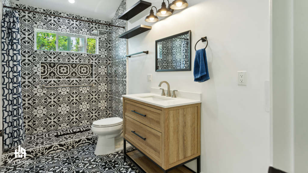Patterned tile bathroom in the Granada Hills ADU