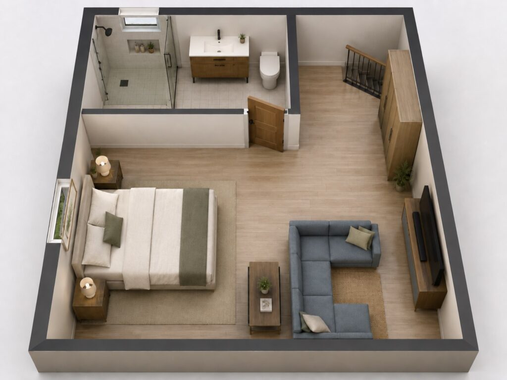 Second-story ADU floor plan rendering