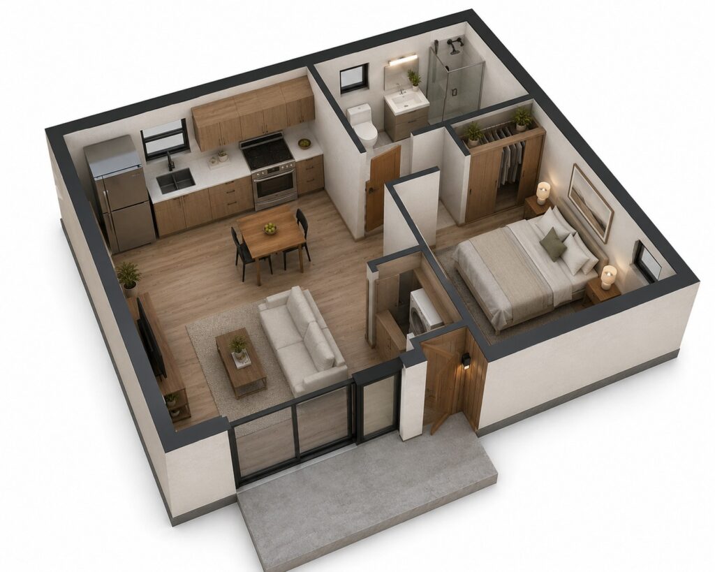 400 sq ft studio ADU blueprints and architectural planning floor plan